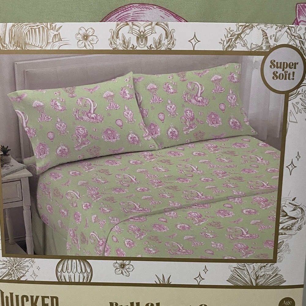 Wicked x Katie Kime Full Sheet Set Glinda Pink Green Toile NIP Target - Picture 3 of 8